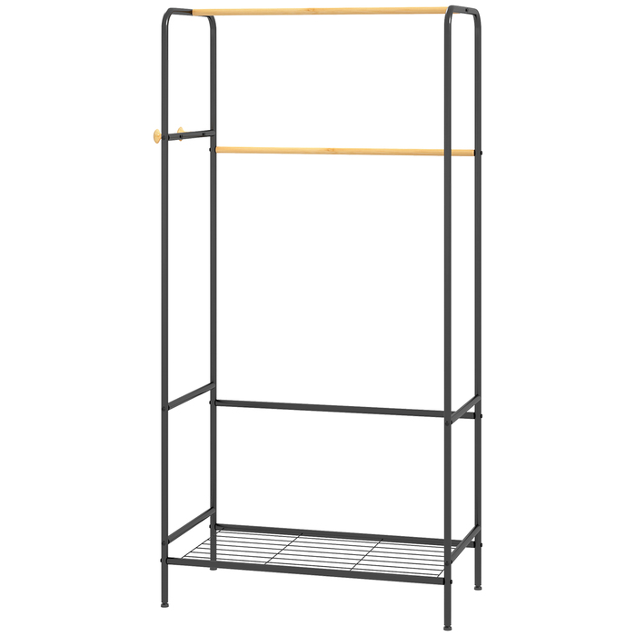 HOMCOM Clothes Rack Coat Stand with 2 Clothes Rails and Shelf, Coat Rack with Hooks for Bedroom and Hallway, Bamboo Black
