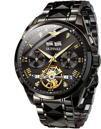 Чоловічий годинник OLEVS Automatik Skeleton Mechanical з автопідзаводом, люкс, з діамантами, сапфіровим склом, вологостійкий, браслет з вольфрамової сталі (3186 Чорний)