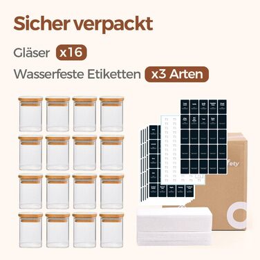 Набір баночок для спецій ComSaf 120 мл, 12 шт. з етикетками, скляні, з дерев'яними кришками, герметичні, для зберігання спецій