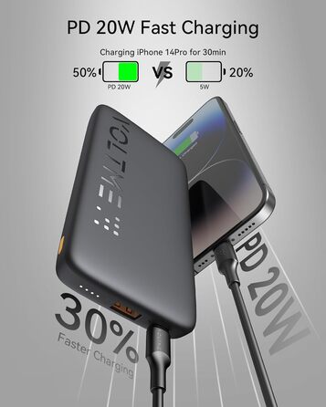 Power Bank VOLTME 10000mAh з USB C та USB A, PD3.0, LED-дисплеєм. Сумісний з iPhone, iPad, Samsung, Huawei, чорний