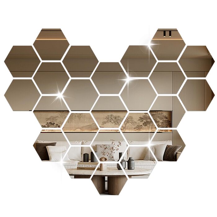 24 шт. Дзеркальні наліпки-плитки, шестикутні, самоклеючі. Дзеркало для стін, акрилове, з клеєм. Фольга-дзеркало, акрил, шестикутник для декору стін вітальні, спальні, ванної кімнати