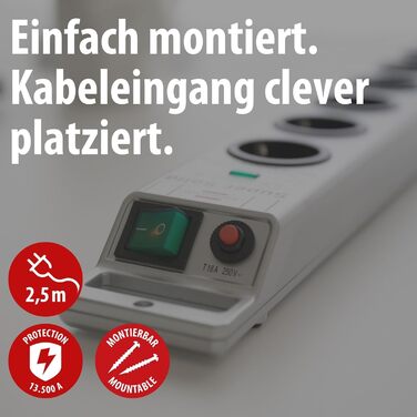 Бренненштуль Super-Solid, мережевий фільтр 8 розеток з захистом від перенапруги (многорозетка з 2,5м кабелем та вимикачем - з ударостійкого полікарбонату) срібний