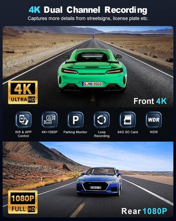 4K WiFi відеореєстратор в автомобіль, з Wi-Fi, SD 64GB, IPS екран 1.47