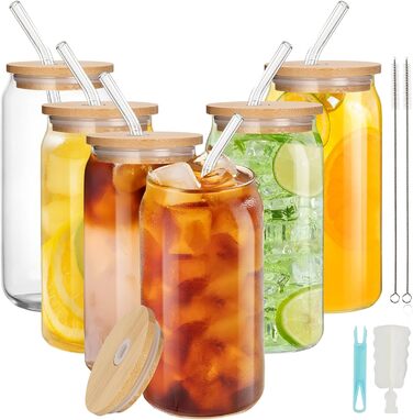 ZgoEC 16oz Cocktail Glasses Set, Drinking Glasses with Lid and Straw, 6pcs Can-Shaped Highball Glasses Set, Glasses with Lid and Straw, Coffee Cups Glass Cups with Straw, Gift