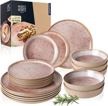 Moritz & Moritz TERRA 18-piece Dinnerware Set - 6 Place Settings - Plate Set in delicate Terracotta from high-quality porcelain - Dinnerware Set for 6 with 6 dinner plates, dessert plates, and bowls each - Terracotta 18-piece Dinnerware Set