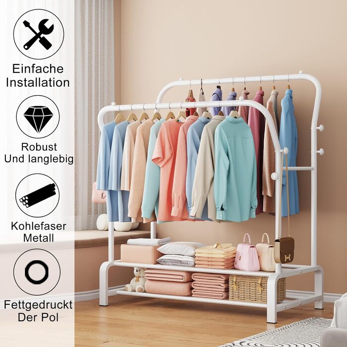 Вішалка для одягу металева подвійна з гачками та полицею для взуття, біла - Stabil