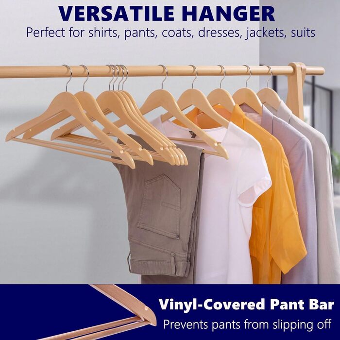 Amber Home 30-Piece 17.5-inch Natural Wooden Clothes Hangers with Bar and Notch, Sturdy Hanger for T-Shirt, Shirt, Suit, Coat, Dress, Wedding, Camisole