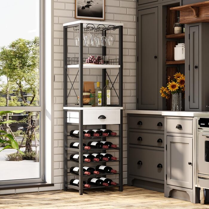 Homeiju Wine Rack, Freestanding Floor, Bar Cabinets for Liqueurs and Glasses, 4-Tier Bar Cabinet with Tabletop, Glass Holders, Storage Drawer, and Wine Storage for Living Room, Kitchen, (Vintage)