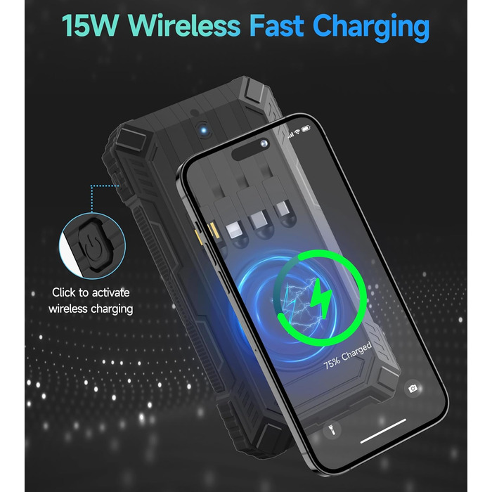 Портативний зарядний акумулятор Solar Powerbank 56800mAh з сонячною панеллю, 30W PD, 3.0A USB-C, 3 порти (2 USB та 1 Type-C), бездротовий заряд 15W, LED-індикатор, ліхтарик, чорний