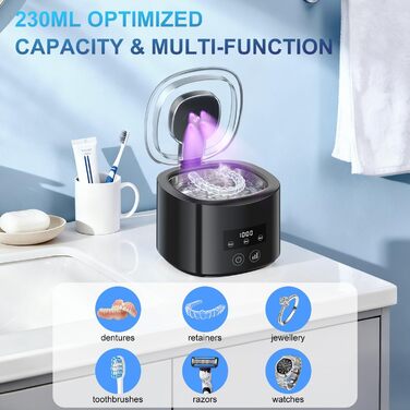 Ультразвукова очищувач 50 кГц, 230 мл, акумулятор 2000 mAh, з УФ-лампою, для зубних щіток, протезів, ювелірних виробів (чорний)