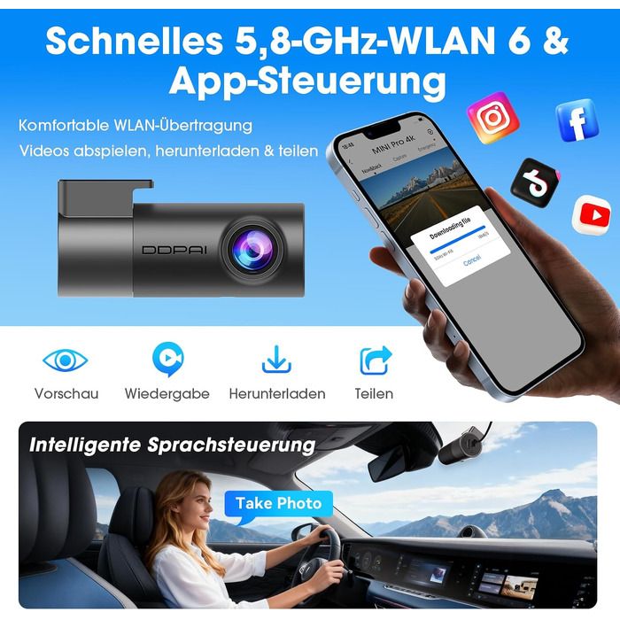 Автомобільний відеореєстратор DDPAI MINI Pro 4K 2160P з SD-картою 64ГБ, поворотна камера 360°, нічна зйомка, 24гд моніторинг паркування, WiFi 6, G-сенсор