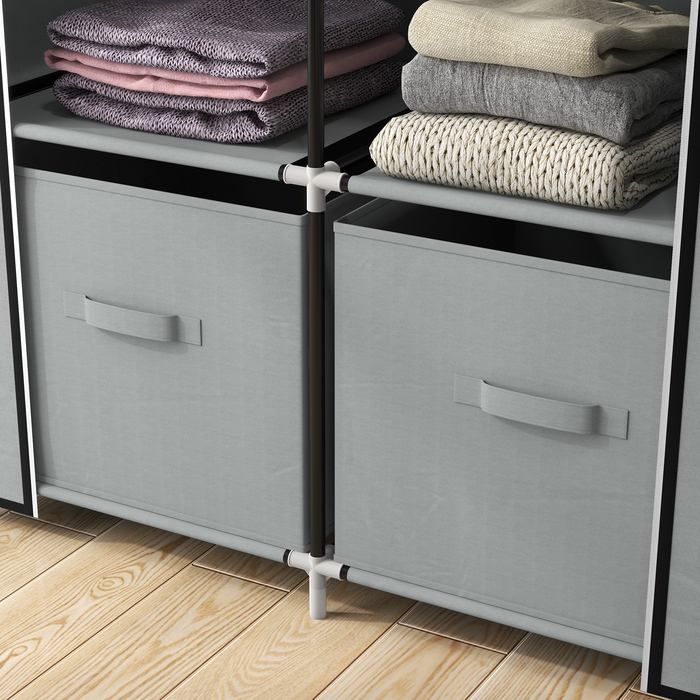 HOMCOM Fabric Closet, Space-Saving Wardrobe with 5 Compartments & Clothes Rail, Zipper, Folding Closet in Light Grey