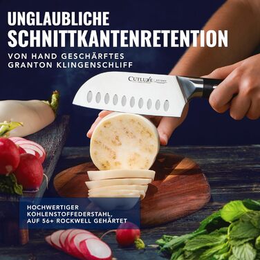 Ніж Cutluxe Santoku 13 см – універсальний ніж для риби, м'яса, суші. Виготовлений з німецької сталі, надзвичайно гострий, ергономічний дизайн