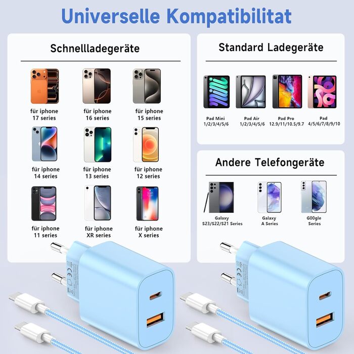 Зарядний пристрій 2 в 1 USB-C 20W, 2 порти (USB-C/USB-A) для iPhone 17 Pro Max/16/15/14/13/12, Galaxy, iPad - кабель Type-C 2м, блакитний (2 шт)