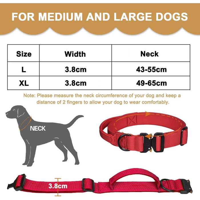 Тактичне нашийник для собак з ручкою, великий, зелений. Міцний, регульований, з металевою застібкою. Нашийник з нейлону з неопреновою підкладкою. XL, червоний