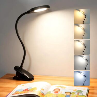 LED лампа для читання Akynite з акумулятором, 5 кольорів та 5 рівнів яскравості, кріпиться на ліжко, дитячий столик, чорна