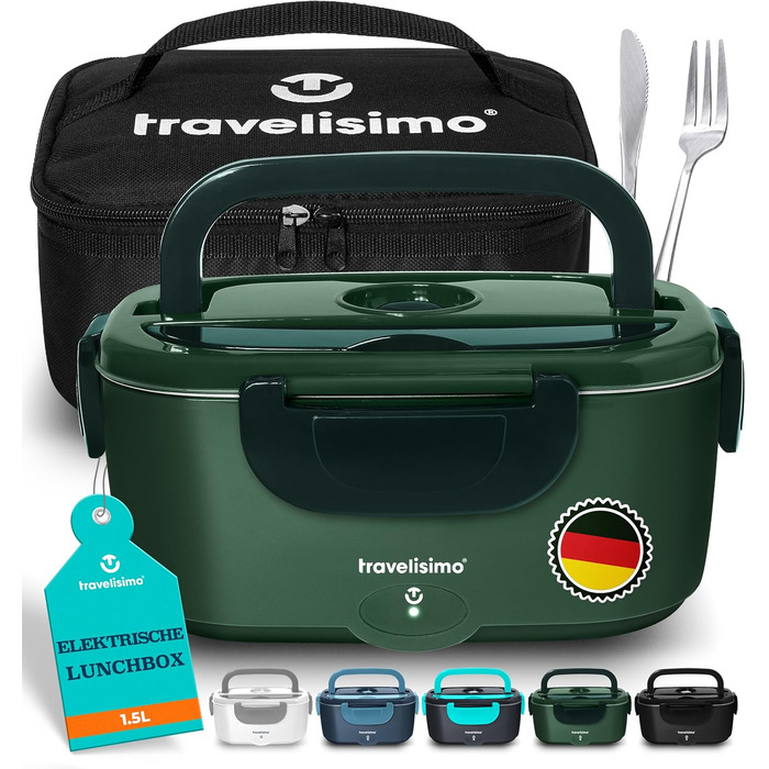 Електрична ланчбокс TRAVELISIMO 80W 1,5L 3-в-1: для авто, вантажівки, офісу. Підігрів їжі 12V/24V/220V. Зелений колір