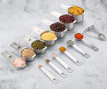 Measuring Cup and Spoon Set Stainless Steel Measuring Cup & Spoon Set includes 7 stainless steel metal measuring cups, 6 measuring spoons, and 5 mini measuring spoons for dry and liquid ingredients.