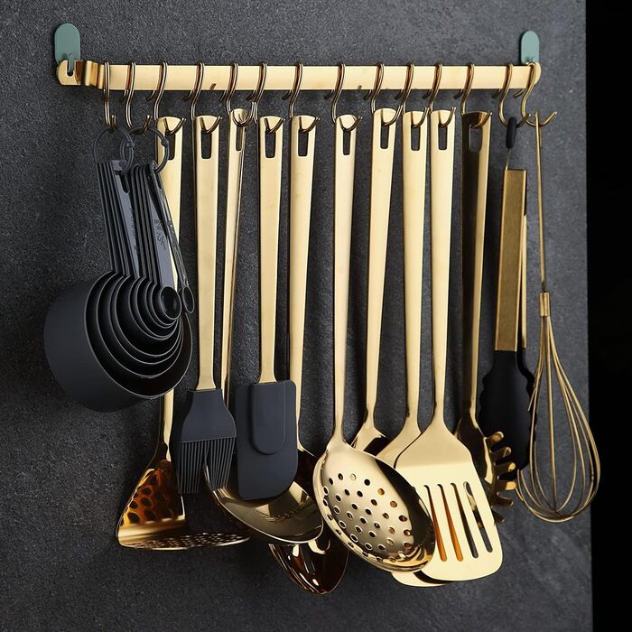 Kyraton Gold Kitchen Utensil Set, 37-Piece Stainless Steel Kitchen Helper Set with Titanium Plating, Kitchen Tool Set with Utensil Holder, Cooking Spoon Set Dishwasher Safe