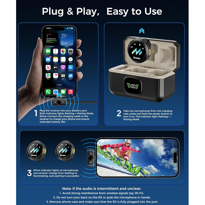 Мікрофон-петличка Aceele бездротовий для iPhone/Android/планшетів/ПК, Hi-Fi звук, шумозаглушення, 24 години роботи, радіус дії 50м, мініатюрний мікрофон для відео/стрімінгу/влогів/подкастів/інтерв'ю з кейсом для зарядки