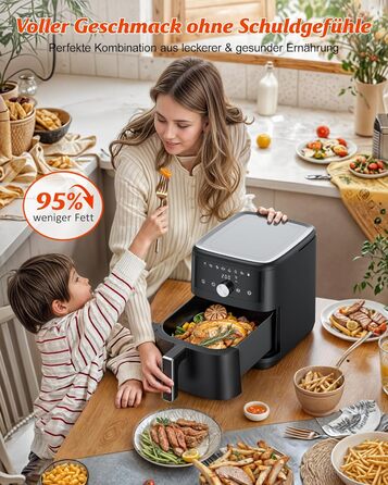 Фритюрниця повітряна Innsky 6L, 8-в-1, 1500W з LED-touchscreen, чорна. Енергозберігаюча, для 3-5 осіб, 50dB, миється в посудомийній машині