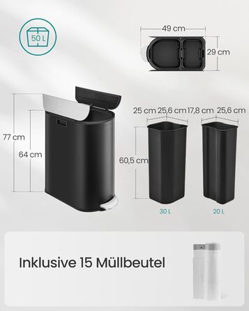 SONGMICS Відро для сміття кухонне, сортувальник 2 відділення, 30 л та 20 л, вузьке, з педаллю, для переробки та сміття, з двома кришками, білий + металік