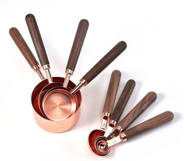 8-Piece Stainless Steel Measuring Spoon Set with Walnut Handle, Copper Measuring Cup Set for Baking and Cooking