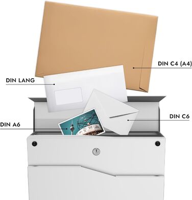 Поштова скринька біла з газетницею TRELLEBORG (RAL 9016), персоналізована, з цинкової сталі з іменем сім'ї, вулицею та номером будинку + комплект для монтажу (2 прізвища + вулиця + номер)