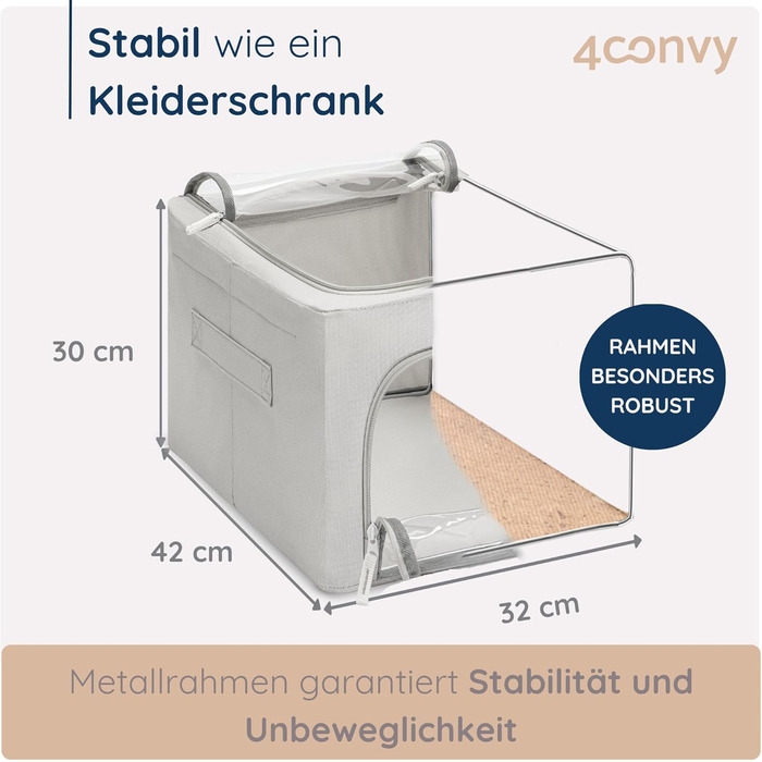 Складана коробка для зберігання одягу 4CONVY з блискавкою та металевим каркасом (3x40л, сірий, 2 вікна) - покращене матеріали 2024 року