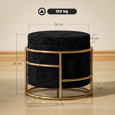 HOMCOM Storage Ottoman, Upholstered Footrest with Metal Frame, Gold Accents, Black