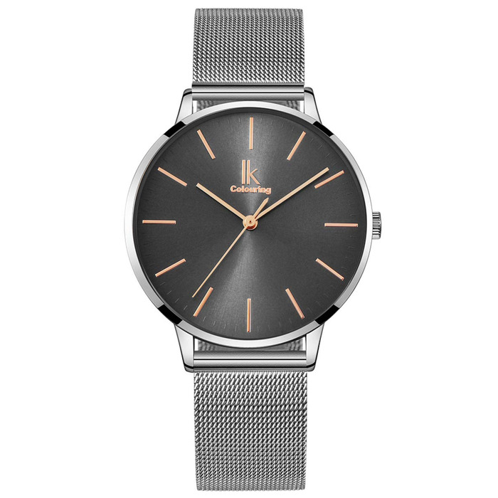 Годинник жіночий Alienwork IK Minimalist, ультратонкий, сітчате браслет (срібло/сірий/сріблястий сітчастий ремінець)