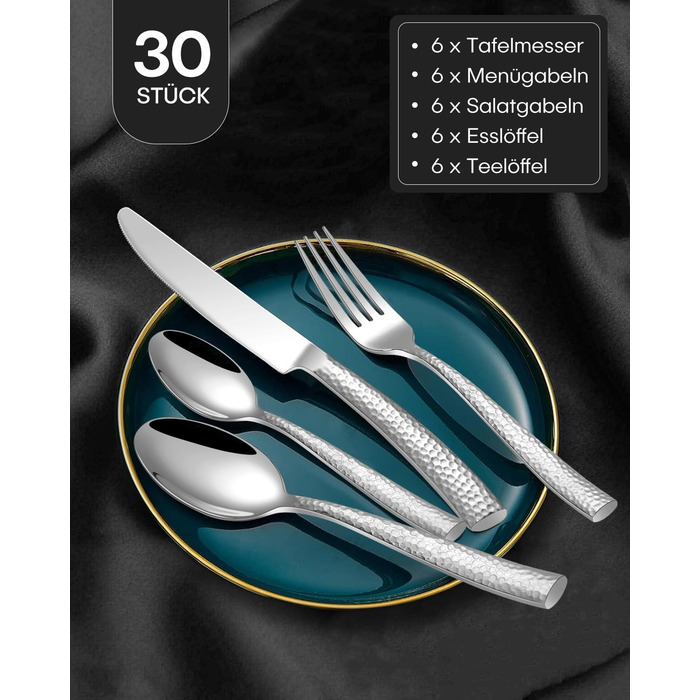 HONKKU 30-Piece Flatware Set, 6 People, Thickened Stainless Steel Cutlery Set with Hammered Handle, Eating Cutlery Set with Knife, Fork, Spoon, Mirror Polished, Dishwasher Safe
