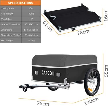 Фарбований вантажний причіп Tiggo Cargo II на велосипеді, об'єм 130 літрів, складаний, зелений (сірий)