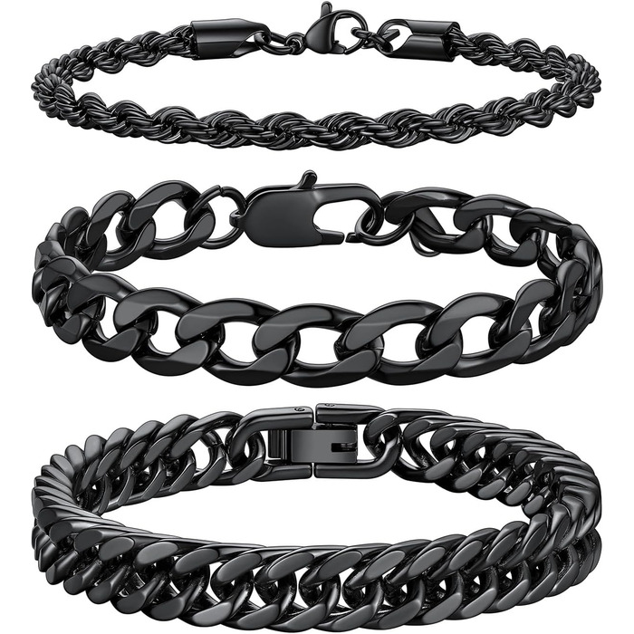 Набір чоловічих браслетів Richsteel з нержавіючої сталі (3 шт.), чорний/сталь/золото, 9/8/4 мм, довжина 19/21/23 см, для подарунка