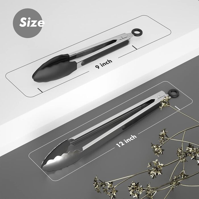 ChefAide Set with 2 Kitchen Tongs, 18/8 Stainless Steel and Silicone Rubber Handles with 600°F High Heat Resistance, Kitchen Utensils, Cooking Utensils for Grilling, Salad, BBQ, Roasting, Baking, Serving, 9/12