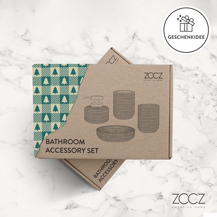ZCCZ Bathroom Set – 4-Piece Organizer Set with Toothbrush Holder, Soap Dispenser, Cosmetic Bowl, and Cotton Swab Holder – Elegant Stone-Look Decoration, for Modern Bathrooms (Black/White)