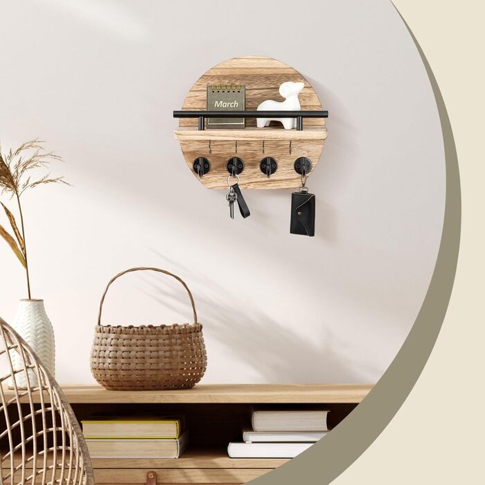 Настінна вішалка для ключів Nekon з полицею та 8 гачками, 24.8 см, дерев'яний декор для дому
