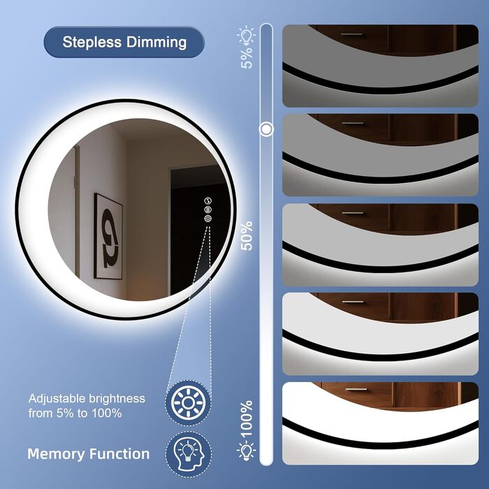 Дзеркало для ванної кімнати STARLEAD з LED-підсвічуванням 90x60 см, Bluetooth, регулювання яскравості, 3 кольори світла, протитуманне покриття, функція пам'яті, HD скло, IP44, горизонтальне/вертикальне, без рамки