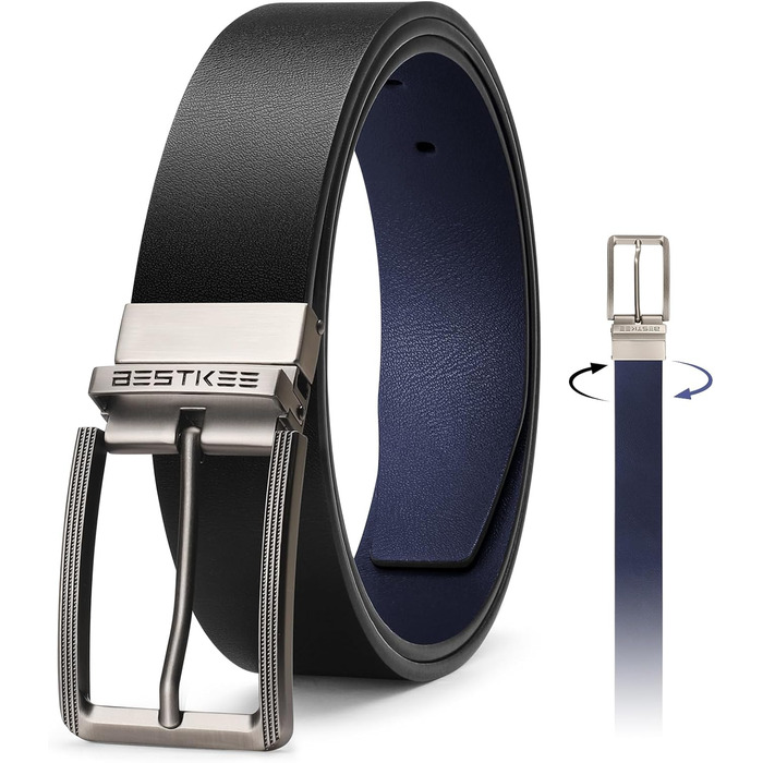 Чоловічий шкіряний ремінь BESTKEE 35 мм – універсальний, для джинсів, штанів, гольф-одягу. Довжина 47 дюймів (для талії 40-45 дюймів), чорний/синій. Також доступні: довжина 59 дюймів (для талії 52-57 дюймів)