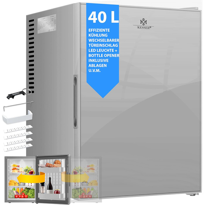 Міні-холодильник KESSER® Minibar 40L з підсвічуванням та відкривачем для пляшок, ідеальний для дому, офісу, кемпінгу та готелю