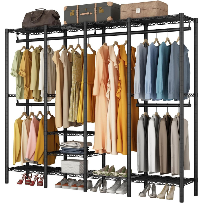 KZOBYD Clothes Rack, Coat Rack with 6 Height-Adjustable Shelves, Clothes Rail with 4 Hanging Compartments, Plenty of Space, for Bedroom, Living Room (Black)