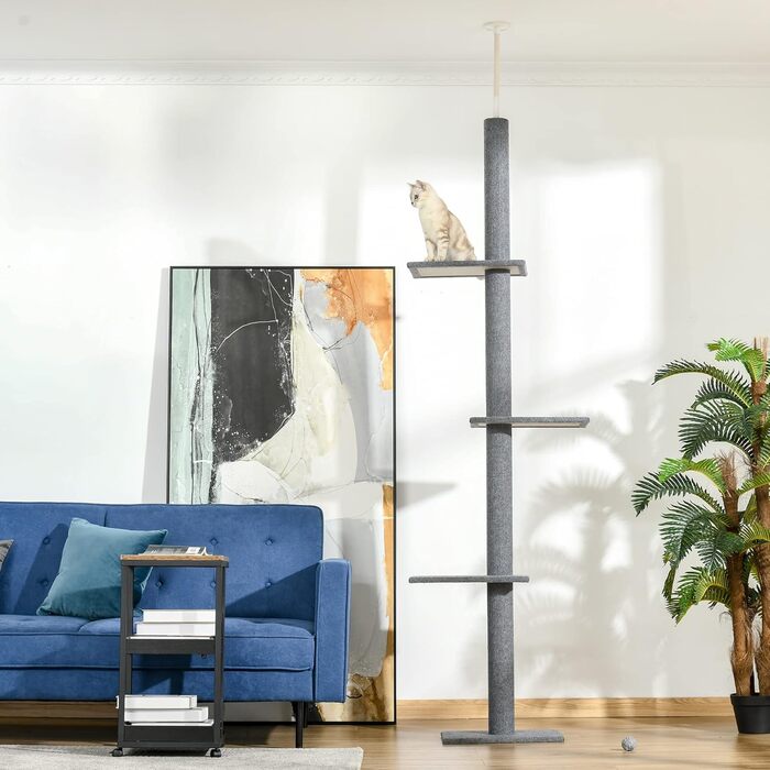 PawHut Cat Tree, Ceiling-High, 228-260 cm Adjustable Height Cat Tree, Climbing Tree for Cats with 3 Levels, Cat Scratching Post, Floor-to-Ceiling Play Tree Grey