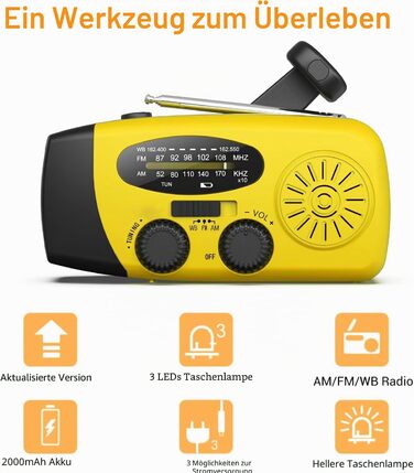 Радіо Solar Radio на сонячних батареях з ручним генератором, AM/FM, Powerbank 2000mAh, LED ліхтарик, USB зарядка для телефону - жовте