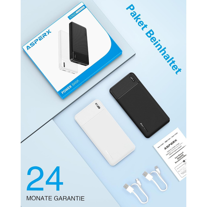 Power Bank AsperX 10000mAh (2 шт.) з USB-C, 4 порти, чорний+білий, для iPhone, iPad, Huawei, Tablet