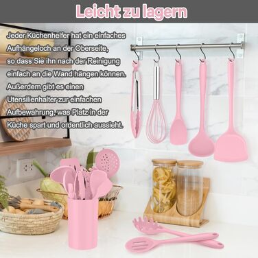 Набір кухонних аксесуарів Homikit 16 шт. з тримачем, кухонне приладдя, термостійкий посуд, кухонне начиння, придатний для миття в посудомийній машині (рожевий)