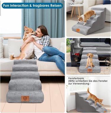 Myiosus Dog Stairs, 2 Steps Pet Stairs, Waterproof Dog Steps Made of Sponge, Non-Slip Dog Ramp for Sofa Bed, Washable Cover Dog Stairs, Portable Cat Stairs (5-Step Dog Stairs, Grey)