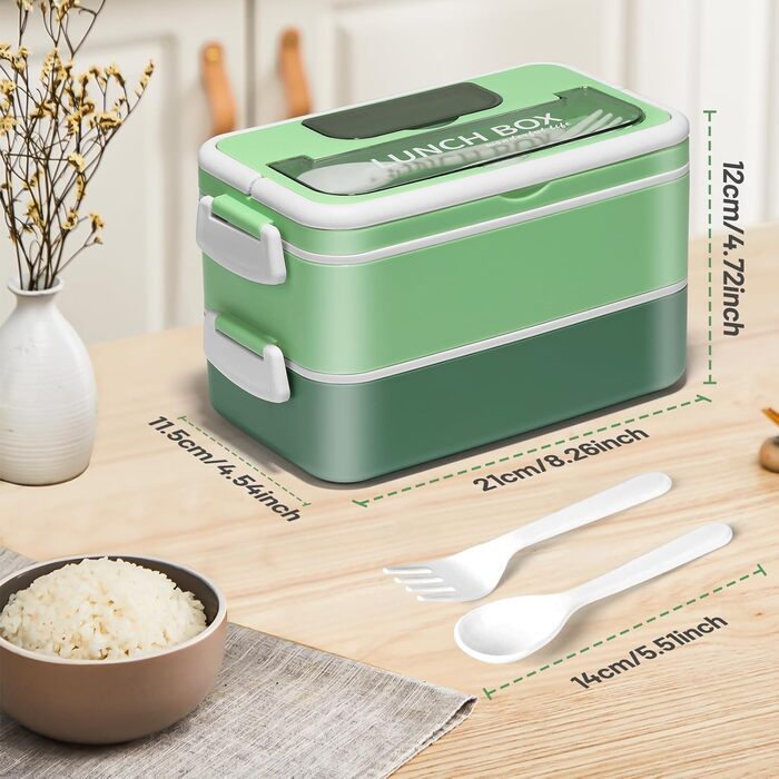 Anykuu Lunchbox 1600ML Lunchbox with 2-4 Flexible Compartments Bento Box with Spoon, Fork & Spice Box Lunchbox for Kids for Microwave, Dishwasher Lunchbox Kids for School, Work, Picnic, Green