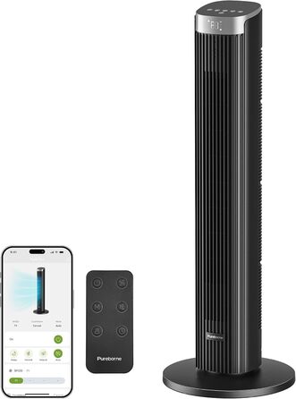Вентилятор Pureborne 91 см з осциляцією, керуванням Wi-Fi та пультом, 4 швидкості та 4 режими, таймер 12 годин, чорний