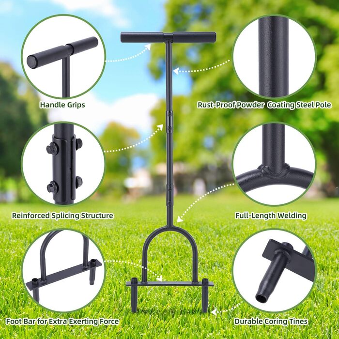 Ohuhu Aerator for Lawns, Lawn Aerator, Core Aerator with Storage Bag and Cleaning Tool, Heavy-Duty T-Handle Lawn Aerator for Compacted Soil Lawn Care