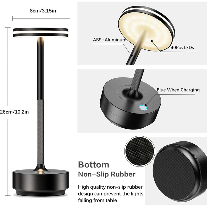 Світлодіодна настільна лампа Hapfish акумуляторна, бездротова, з димером, 5000mAh, 3 режими освітлення, водонепроникна IP54, для столу, вулиці, спальні - комплект 2 шт. Чорна